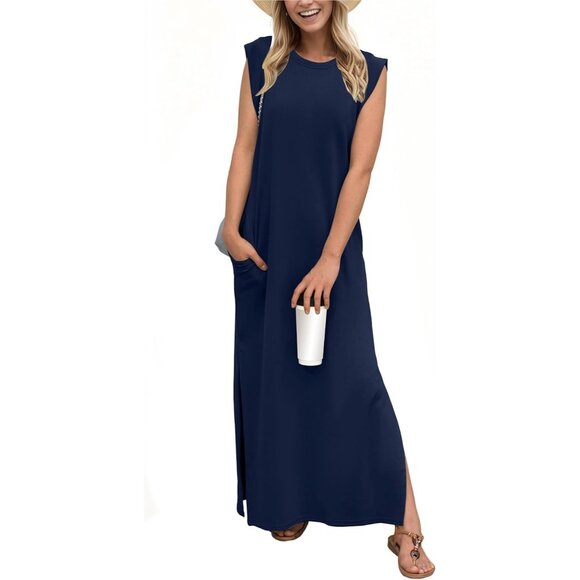 Grecerelle Women Navy Blue Round Neck Loose Split Wrinkle-Free Long Maxi Dress - Picture 1 of 6